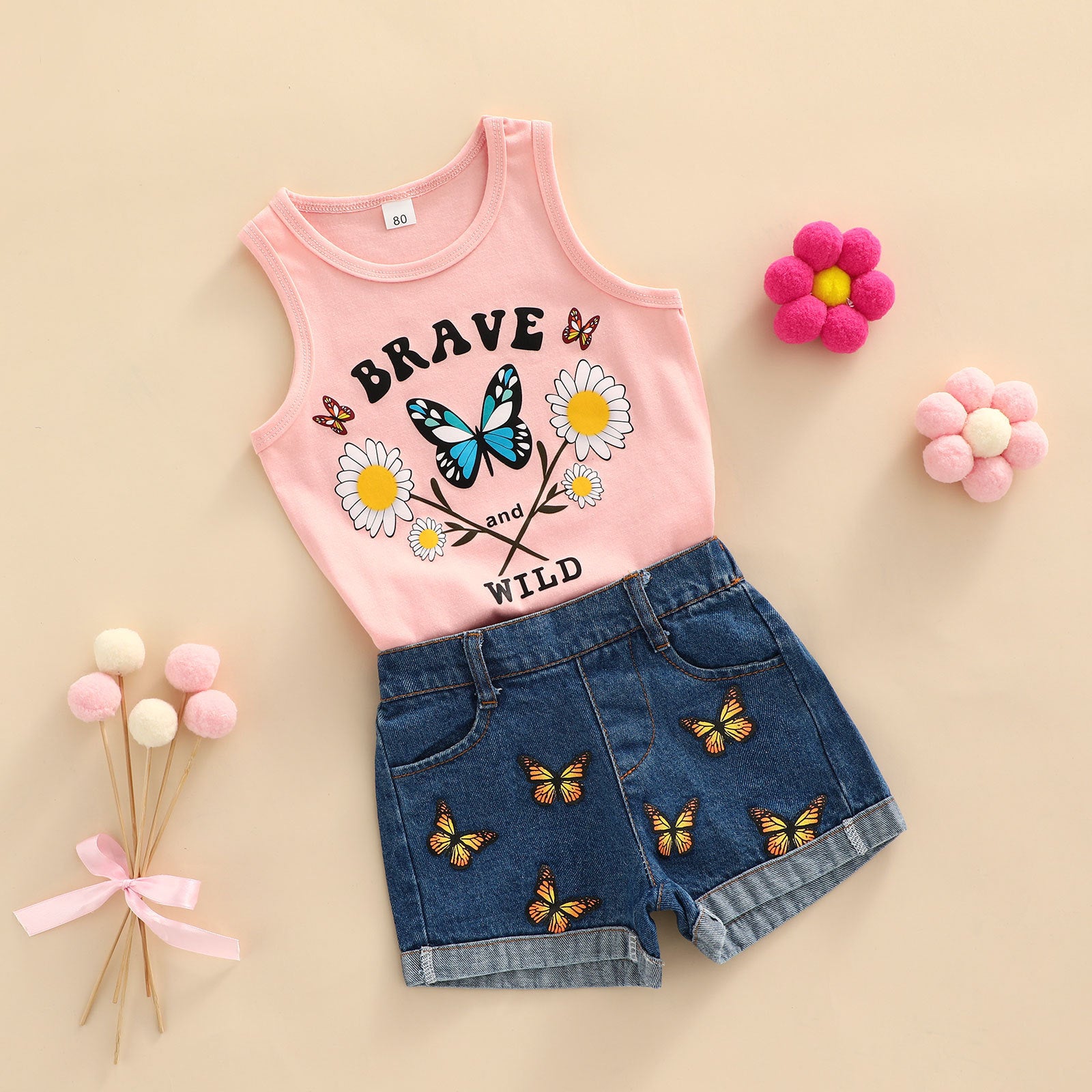 Wholesale Cotton Rainbow Butterfly Print Tank Top Denim Shorts Girls Set